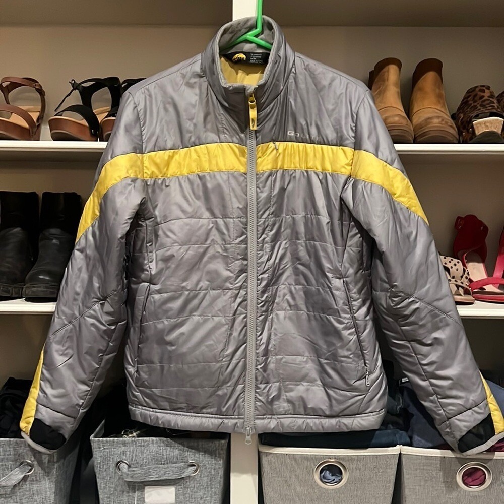 GoLite Women‎ Puffer Jacket Gray Yellow Stripe Full Zip M Lightweight Warm Retro
